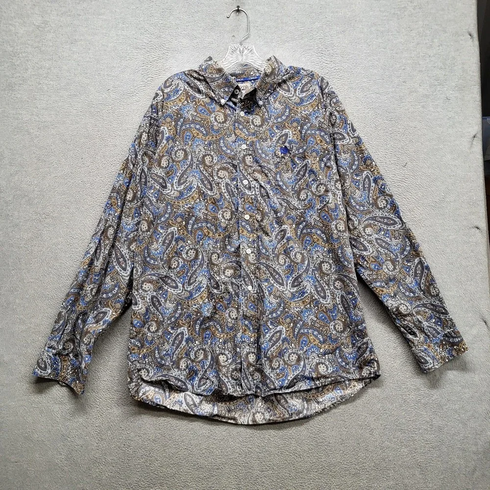 Cinch Men Button Up Shirt L Gray Logo Patch Embroidery Paisley Western